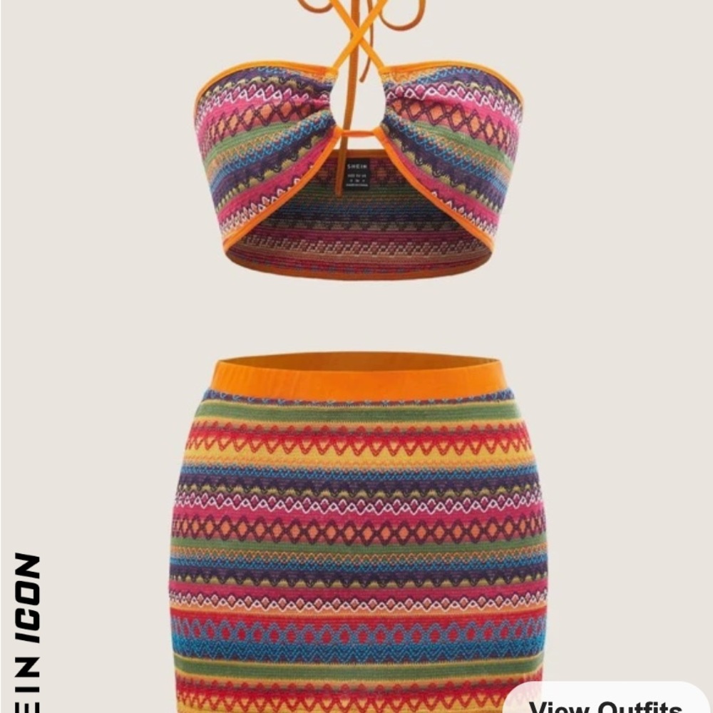 Geo Print Contrast Binding Tie Backless Crop Halter Top & Skirt